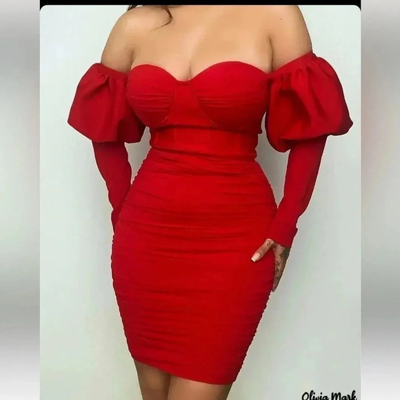 olivia mark Dresses & Skirts - Olivia Mark – Lantern Sleeve Ruched Off Shoulder Bodycon Dress